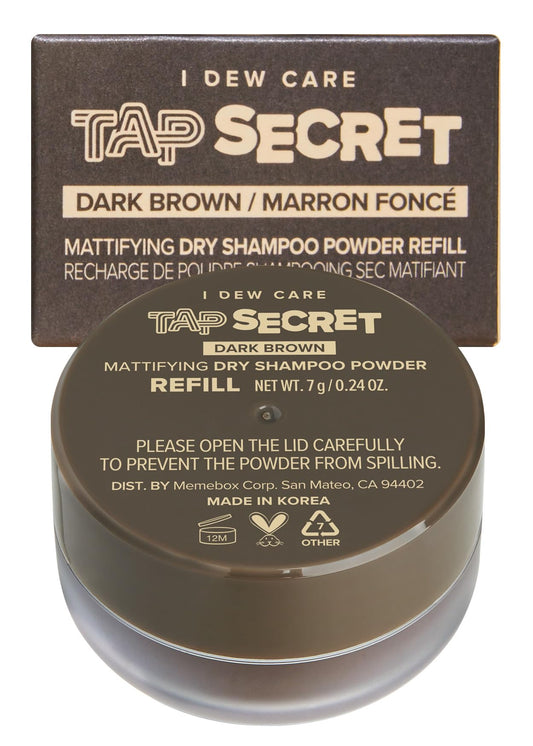 I DEW CARE Tap Secret Biotin Dry Shampoo Dark Brown tub for oil absorption on dark hair