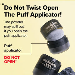 Close-up of Tap Secret Black powder being applied for oil control and lift.