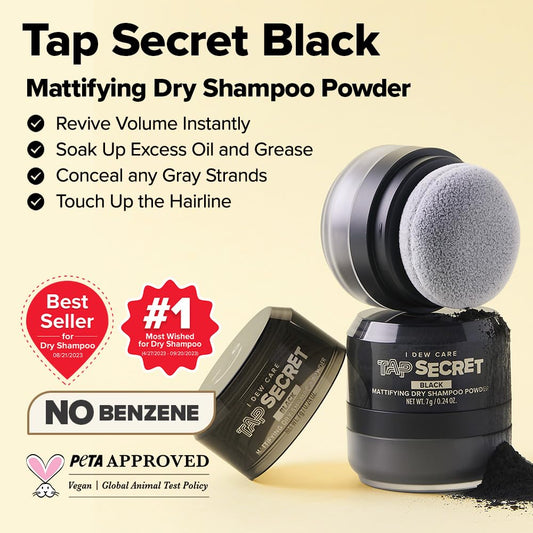I DEW CARE Tap Secret Black dry shampoo bottle demonstrates quick refresh without water.