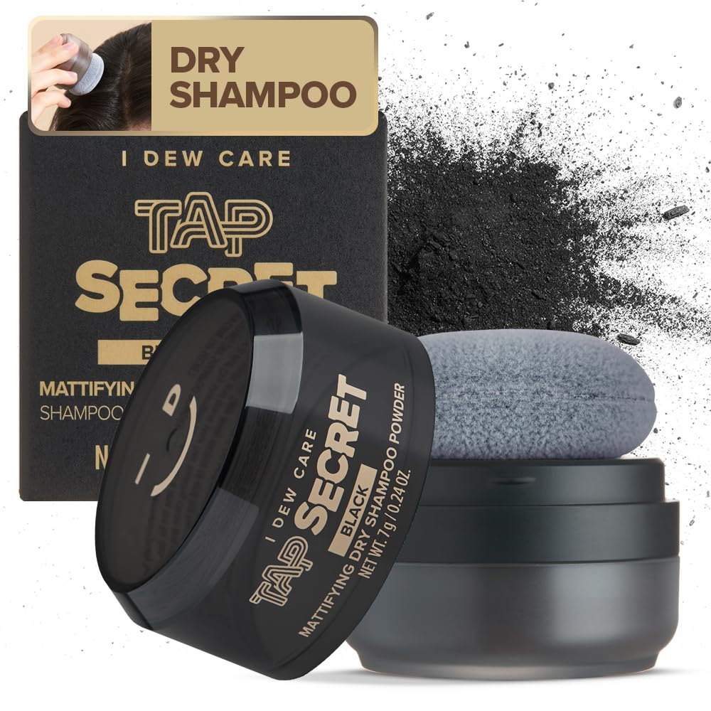 I DEW CARE Tap Secret Black dry shampoo tub shows ultra-fine powder for oil absorption.