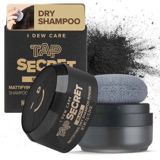 I DEW CARE Tap Secret Black dry shampoo tub shows ultra-fine powder for oil absorption.