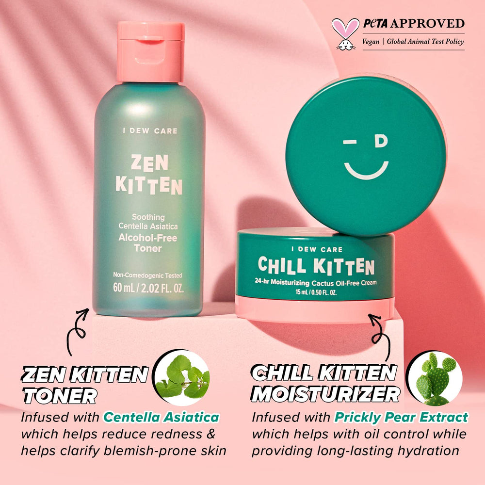 I Dew Care Kitten Crush travel bundle includes toner and moisturizer for on-the-go care.