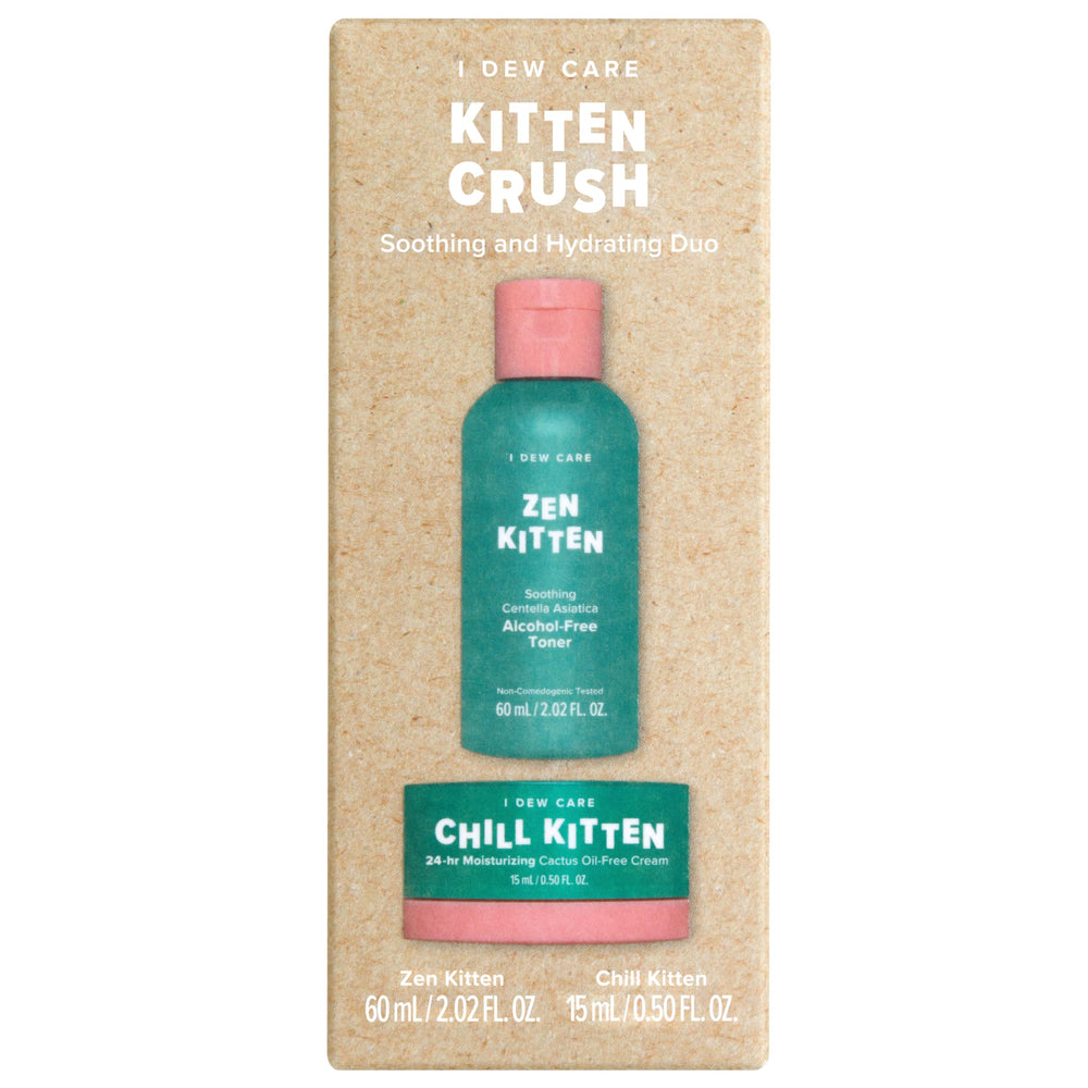 I Dew Care Kitten Crush travel skincare set featuring centella asiatica for soothing blemishes.