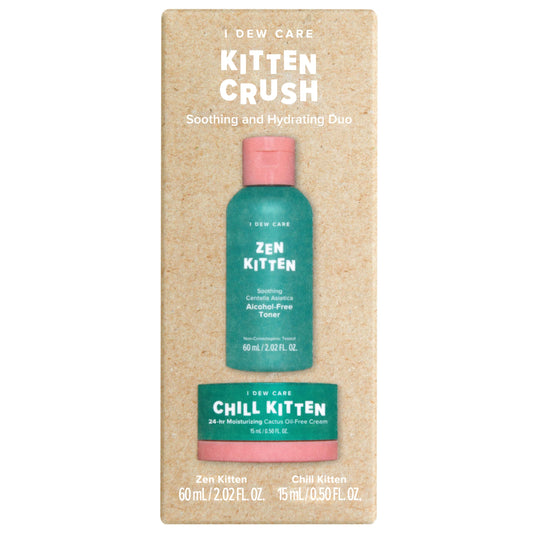 I Dew Care Kitten Crush travel skincare set featuring centella asiatica for soothing blemishes.