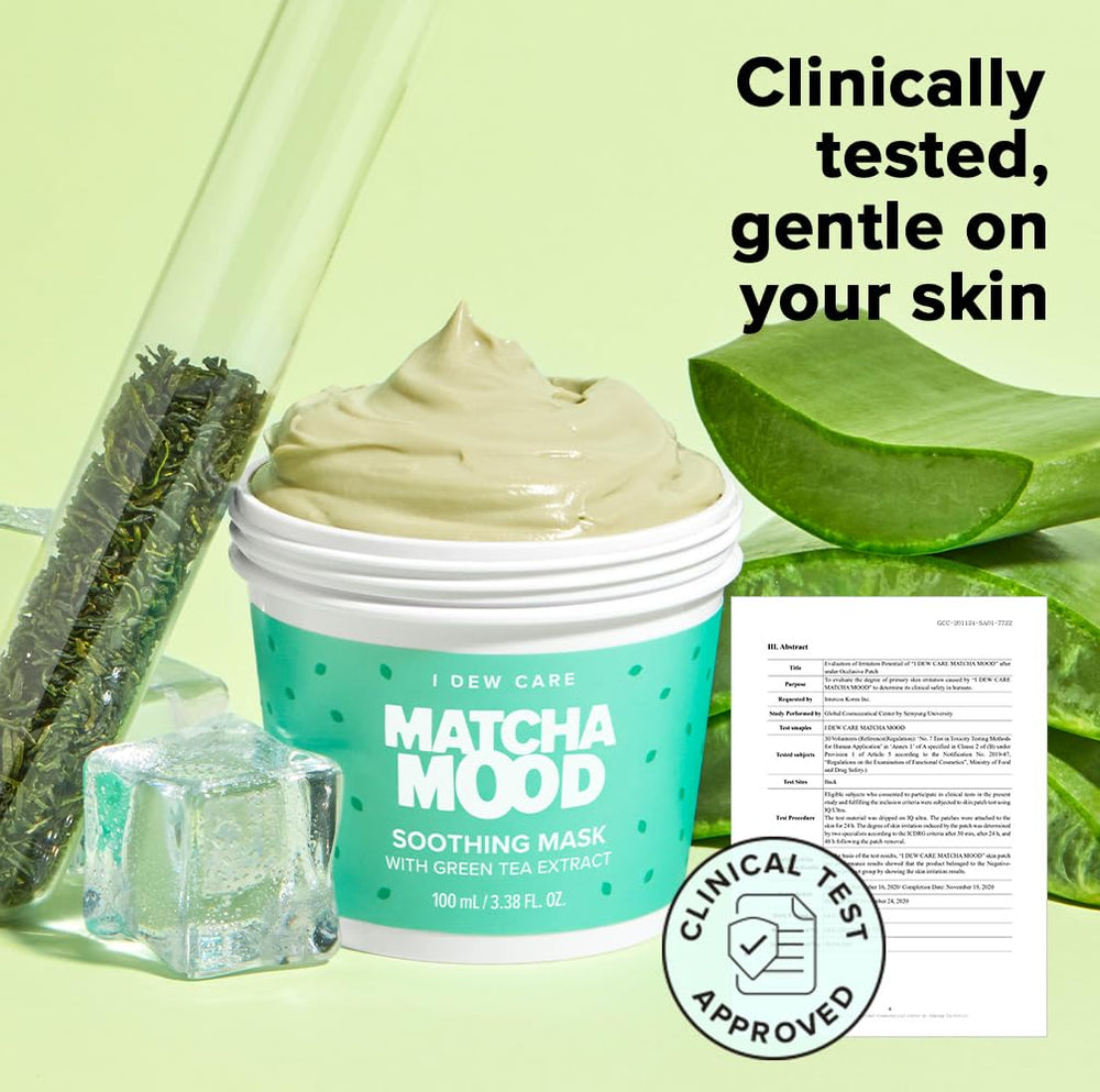I DEW CARE Matcha Mood ingredients highlight aloe and green tea for soothing benefits