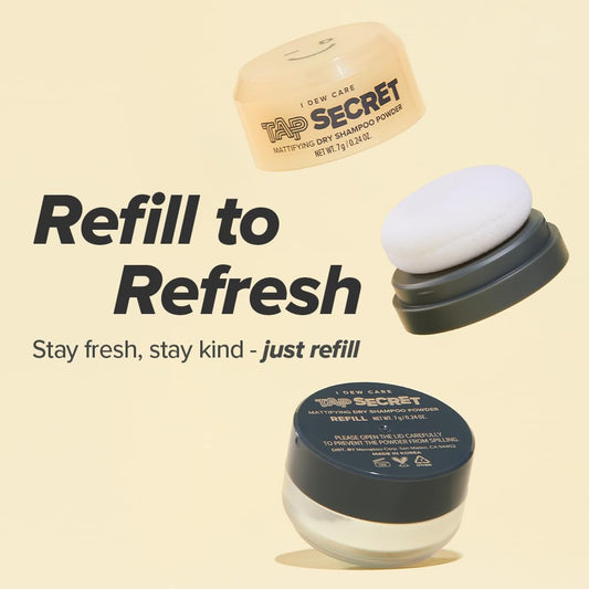 I DEW CARE Tap Secret dry shampoo powder dispensing action shows travel-friendly format