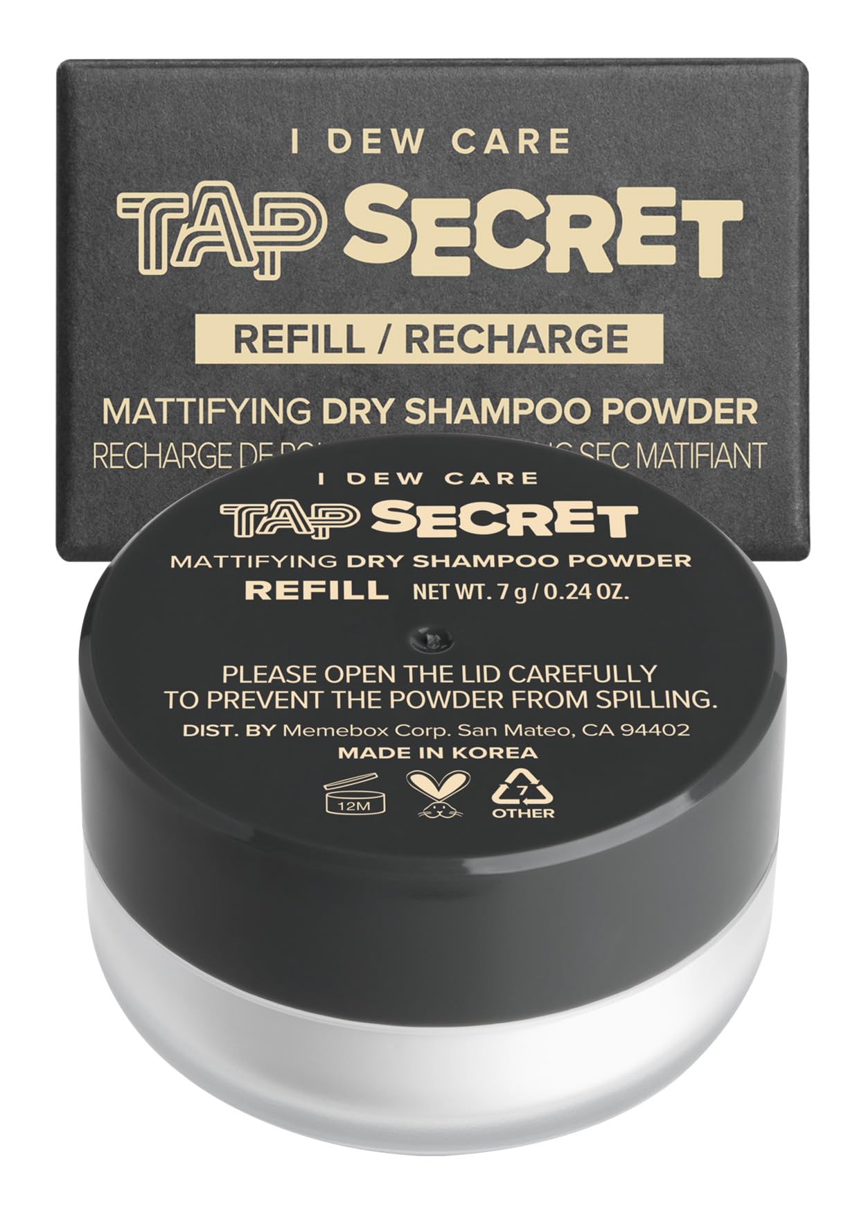 I DEW CARE Tap Secret dry shampoo tub closeup showing oil-absorbing powder