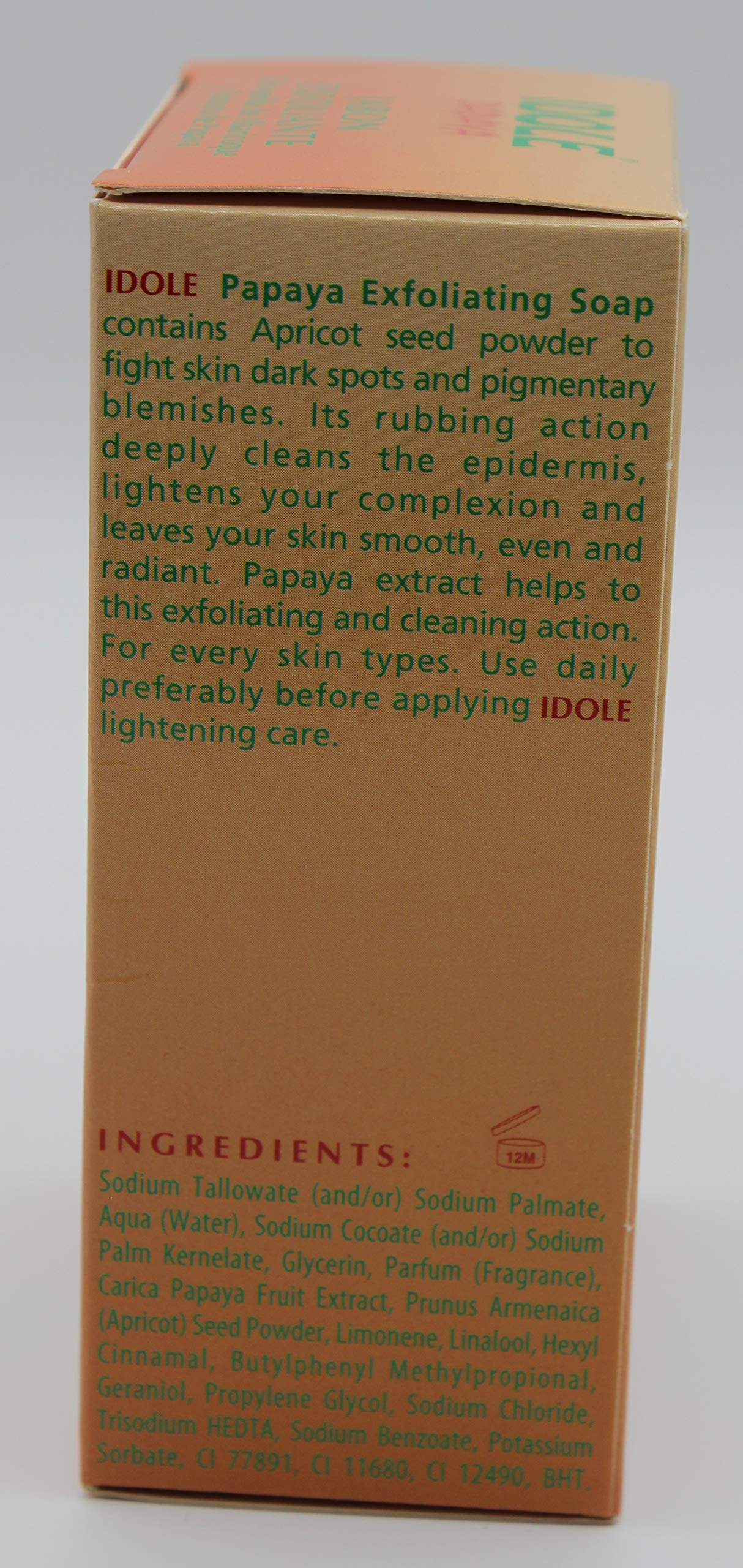 Idole Papaya Exfoliant Soap Pack of 3 wrapped pack on shelf for display