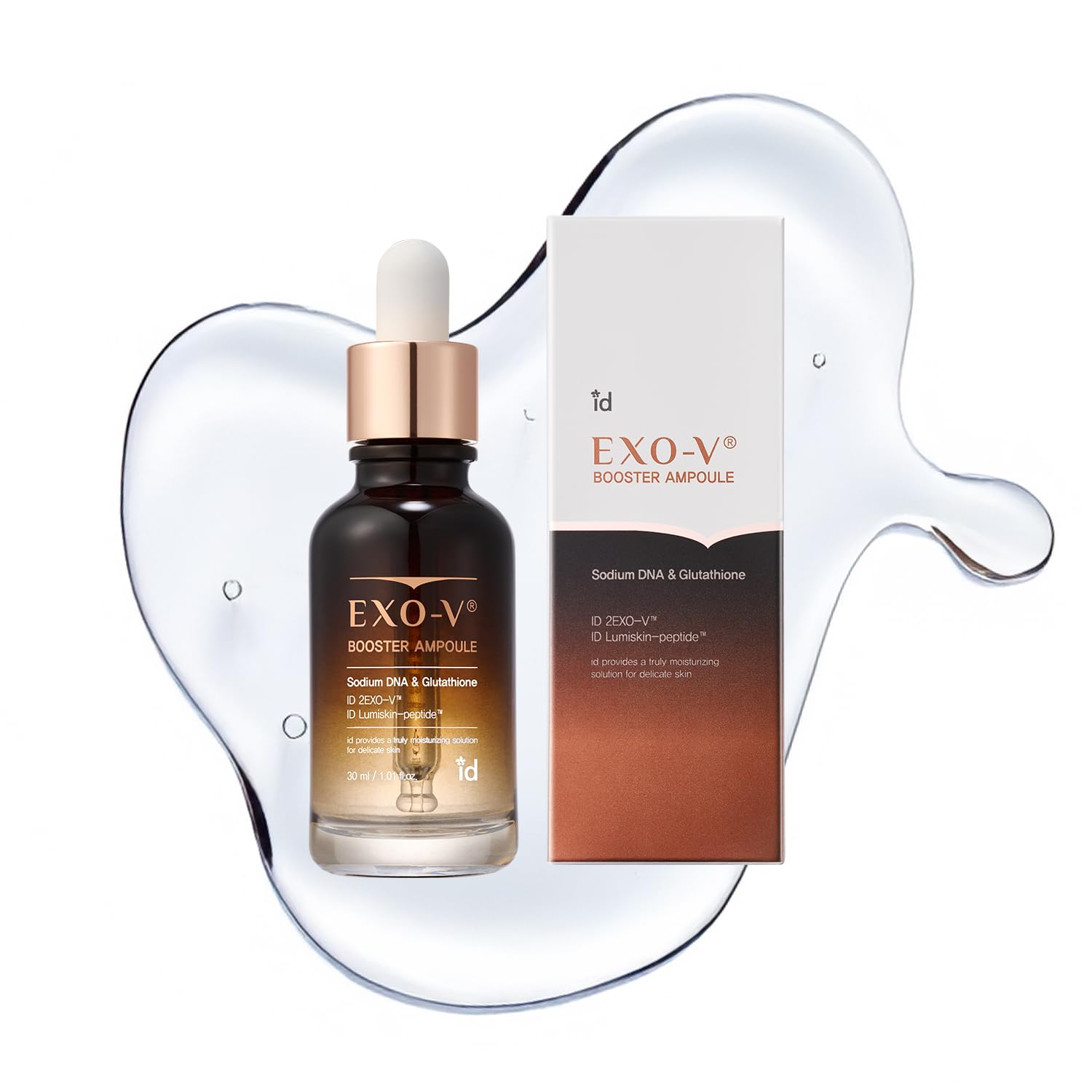 ID PLACOSMETICS Exo-V Booster ampoule bottle delivers a smooth, even-looking skin texture.