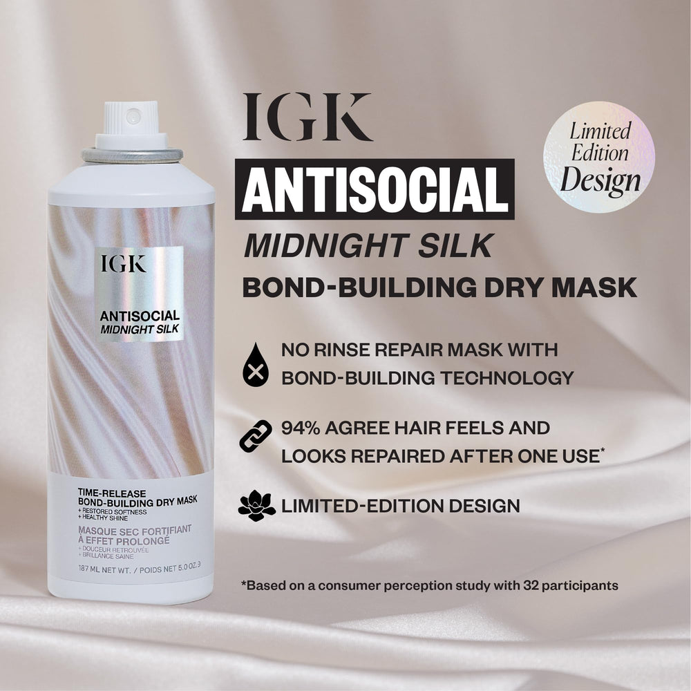 IGK Antisocial Midnight Silk dry-spray application demonstrates quick use on dry hair