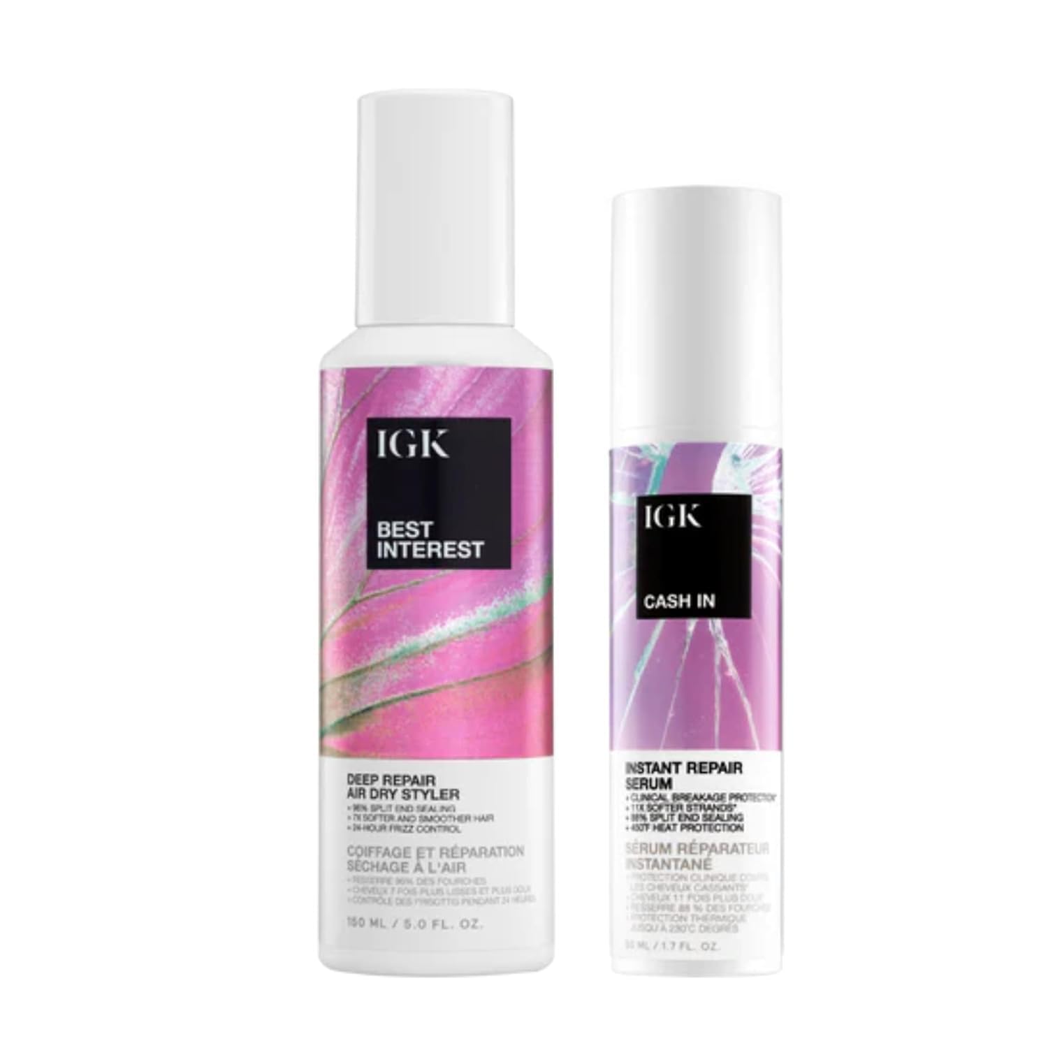 IGK Best Interest bond-building dry oil cream bottle showing heat protection up to 450°F.