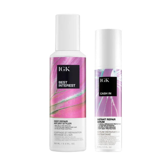 IGK Best Interest bond-building dry oil cream bottle showing heat protection up to 450°F.