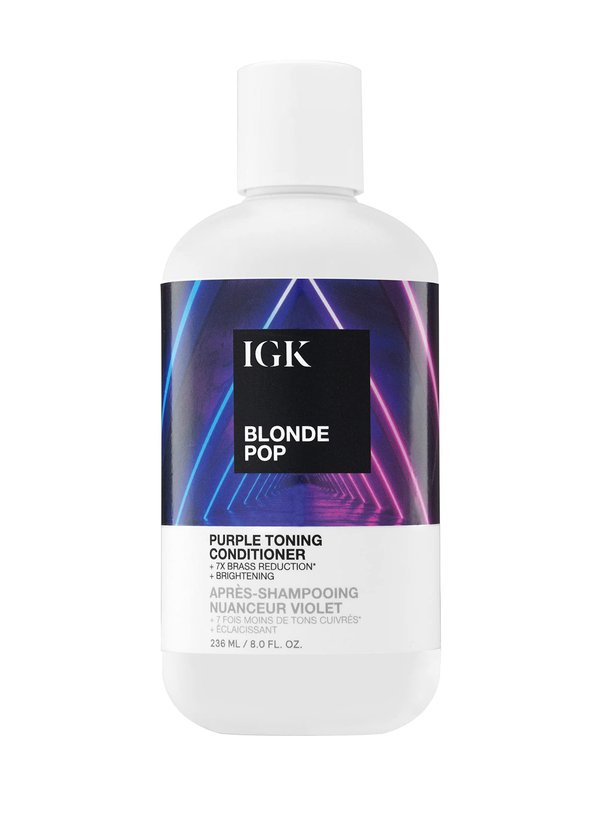 IGK Blonde Pop conditioner bottle with purple formula neutralizing brass and adding shine.