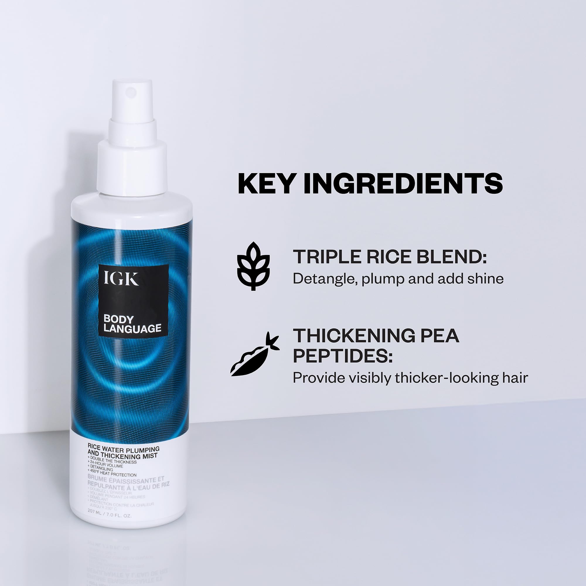 IGK Body Language triple rice blend close-up highlights detangling and shine.