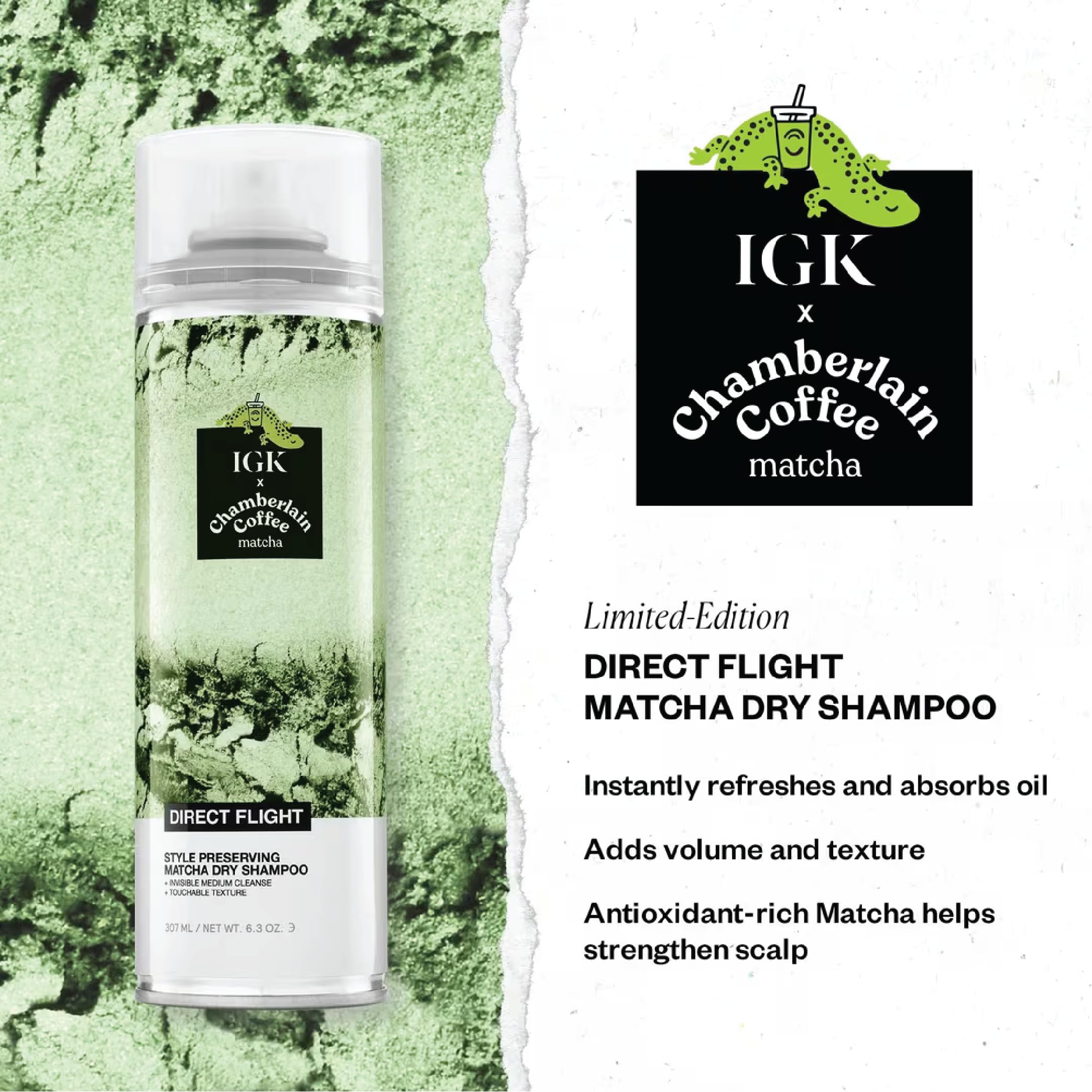 Application shot of IGK Direct Flight Dry Shampoo being applied to oily roots for lift.
