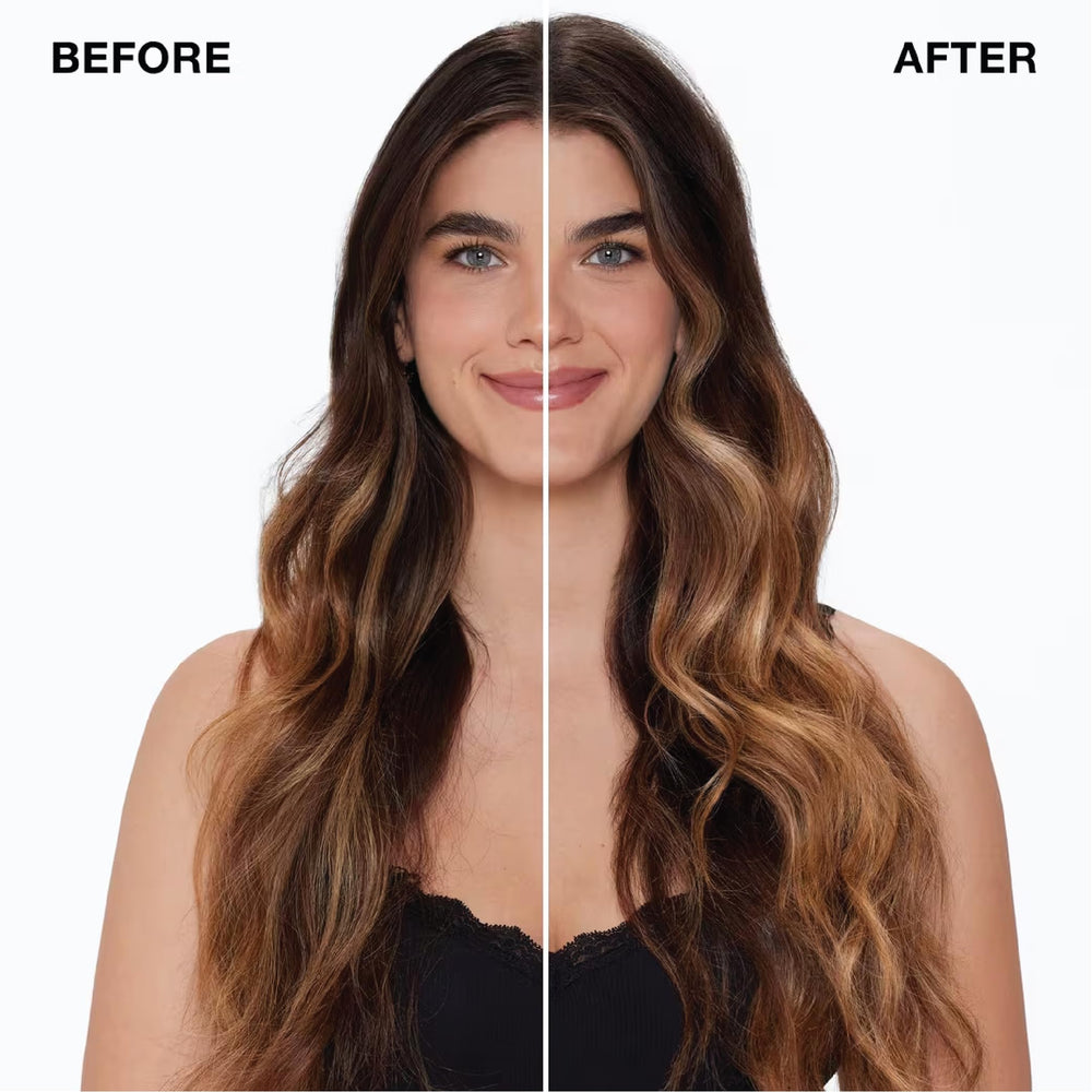 Before and after look featuring IGK Direct Flight Dry Shampoo for added volume and cleanliness.