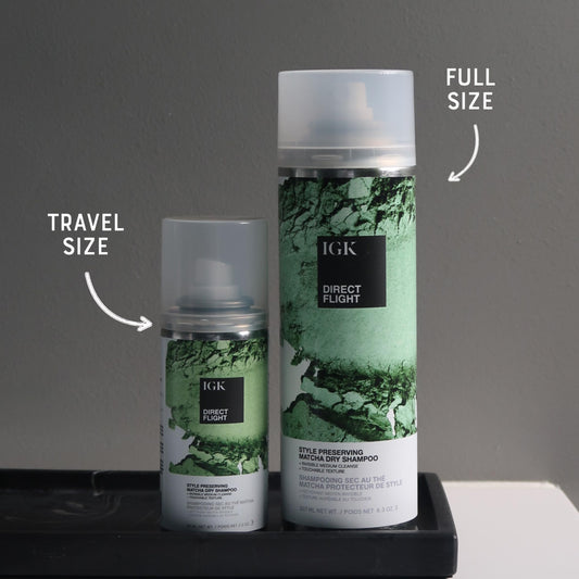 IGK Direct Flight Matcha dry shampoo spray application on hair for easy use