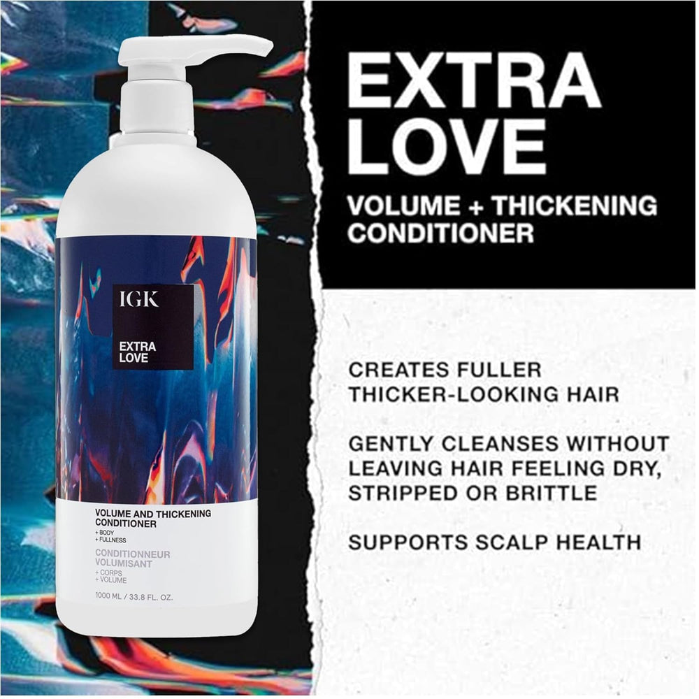 IGK Extra Love shampoo bottle close-up with product pair for routine