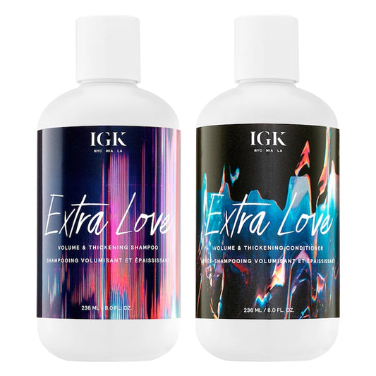 IGK Extra Love shampoo bottle with volumizing formula for fine hair.