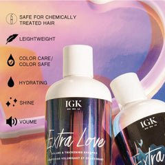 IGK Extra Love shampoo lather demonstrates cleansing and volumizing action.