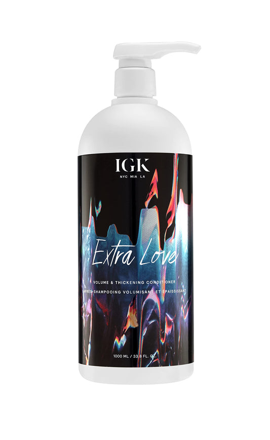 IGK Extra Love Volume Thickening Conditioner bottle pour for weightless lift