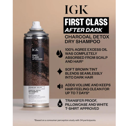 IGK First Class After Dark spray-at-roots shows targeted application for oil control.