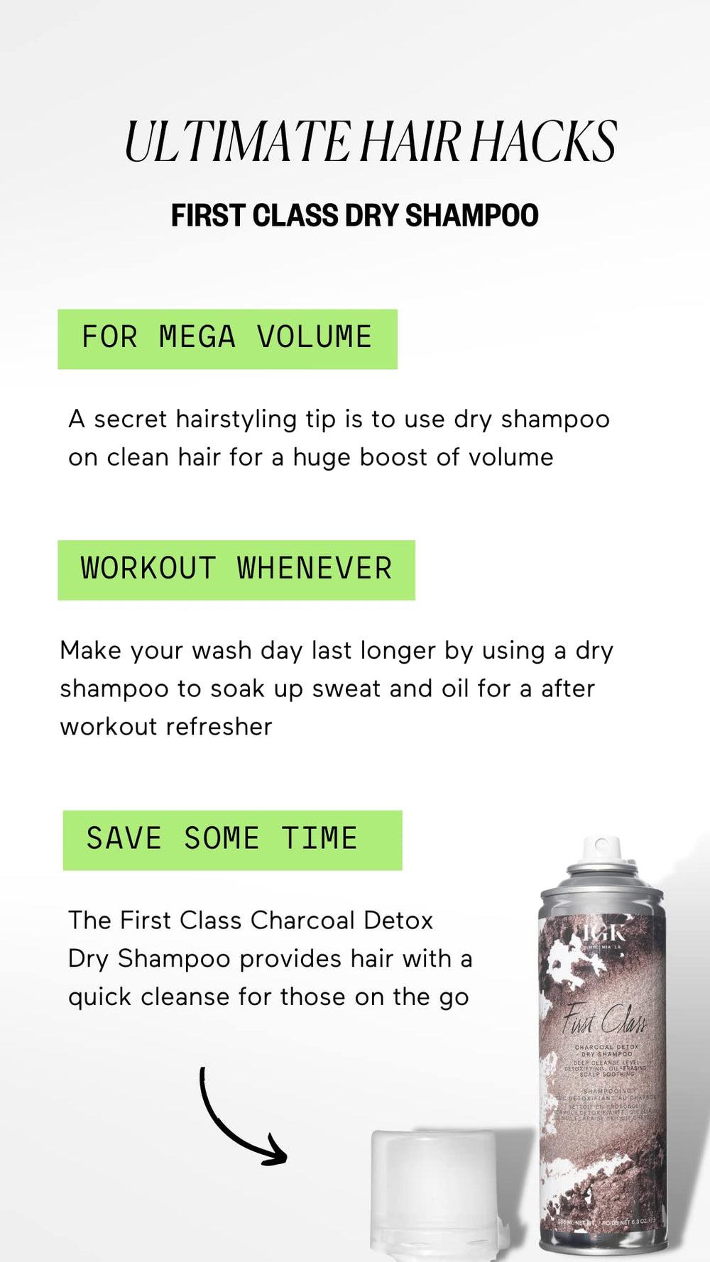 IGK FIRST CLASS charcoal detox dry shampoo packaging on shelf