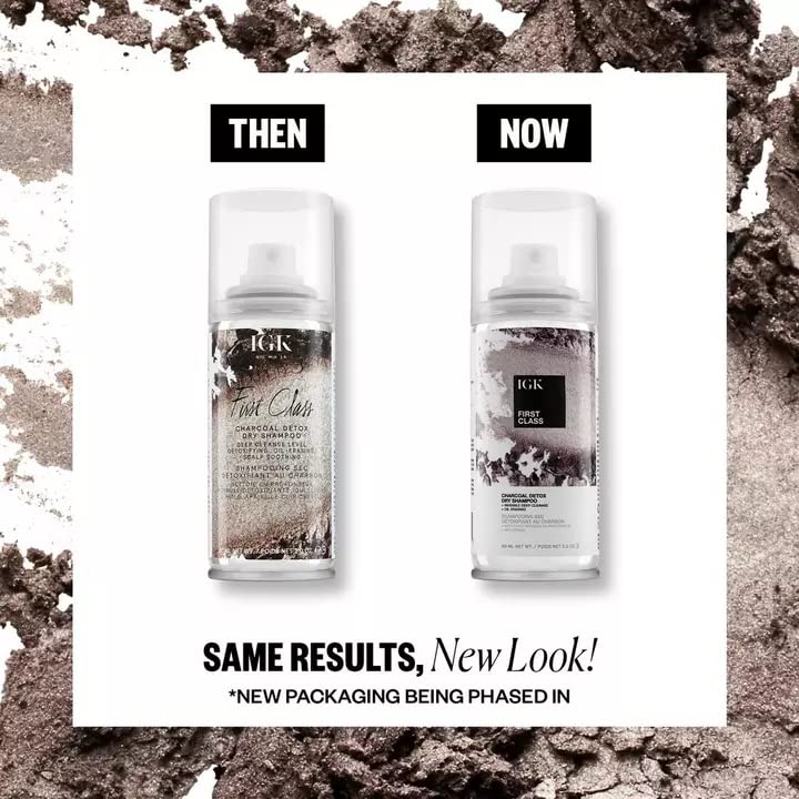 IGK FIRST CLASS charcoal detox dry shampoo powder close-up showing charcoal texture