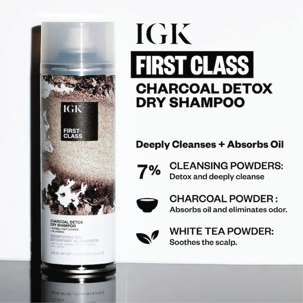 IGK charcoal detox powder texture close-up for dirt and oil absorption.