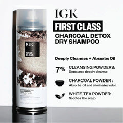 IGK charcoal detox powder texture close-up for dirt and oil absorption.