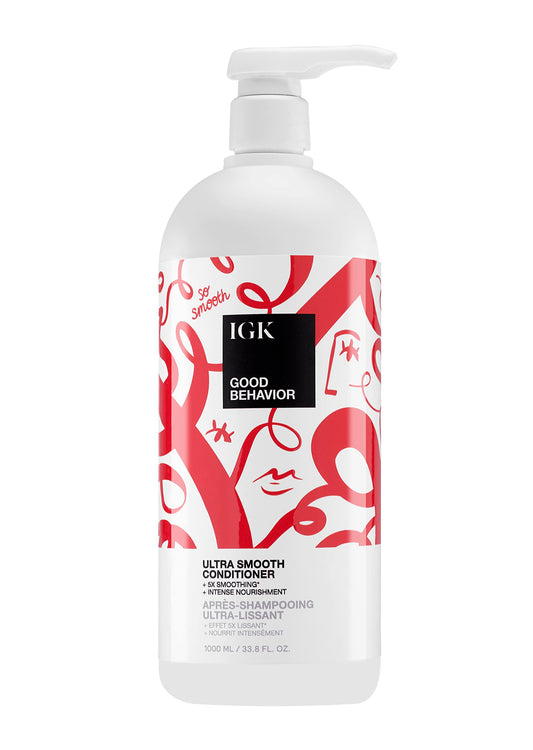IGK Good Behavior Ultra Smooth Conditioner bottle front showing frizz control benefits