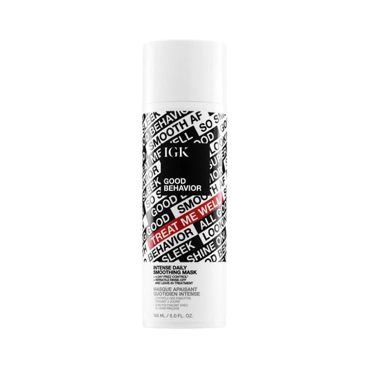 IGK Good Behavior mask bottle highlights smoothing and conditioning benefits