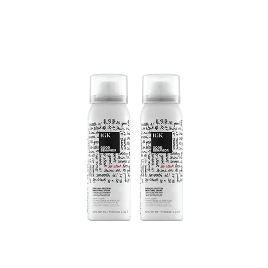IGK Good Behavior smoothing hairspray bottle front with travel-friendly design for on-the-go styling