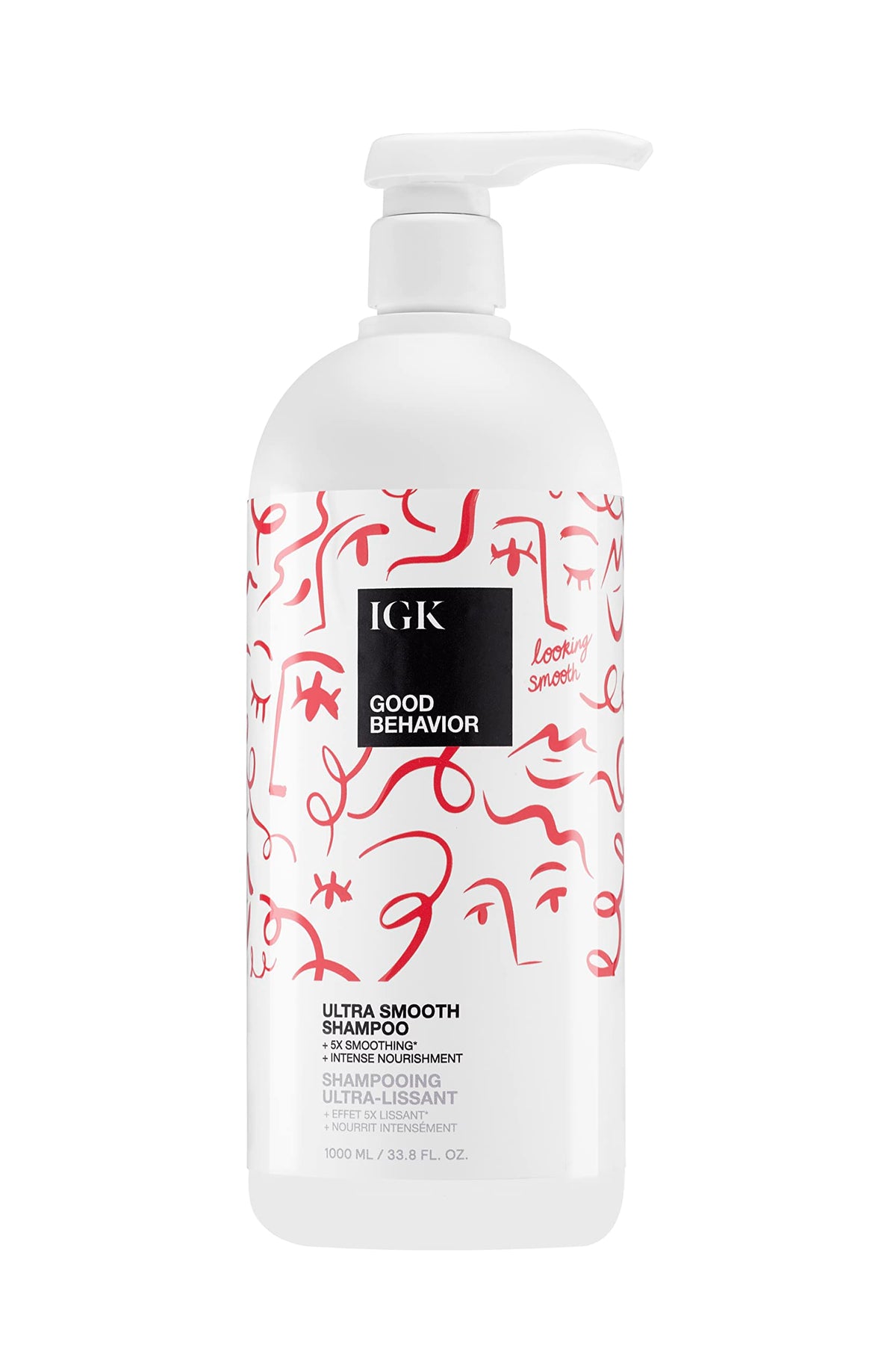 IGK GOOD BEHAVIOR Ultra Smooth Shampoo liter bottle front for silky, frizz-free results.