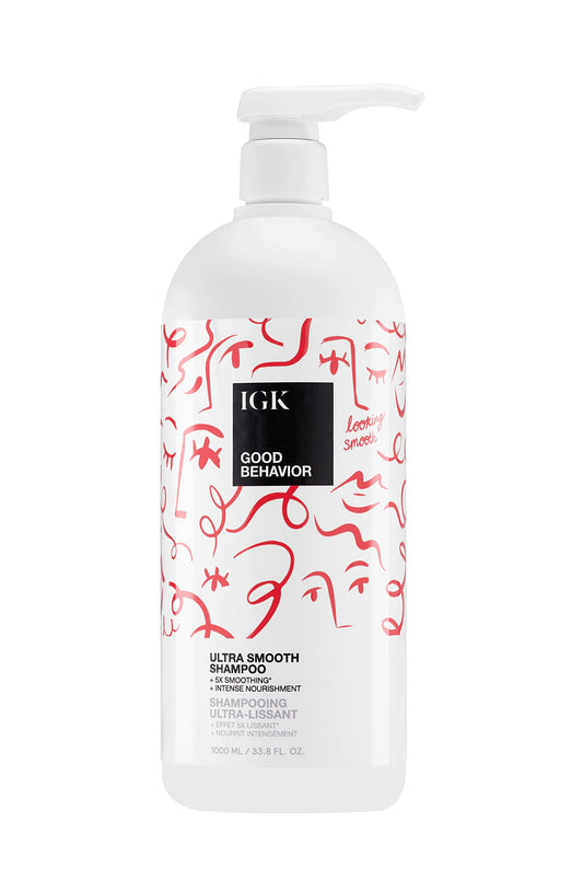 IGK GOOD BEHAVIOR Ultra Smooth Shampoo liter bottle front for silky, frizz-free results.