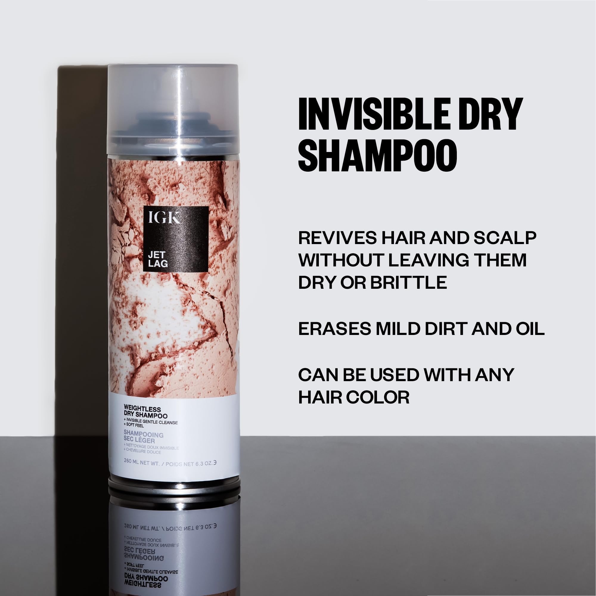 IGK Jet Lag dry shampoo spray dispenses for a light refresh.