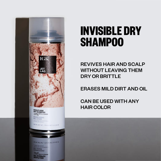 IGK Jet Lag dry shampoo spray dispenses for a light refresh.