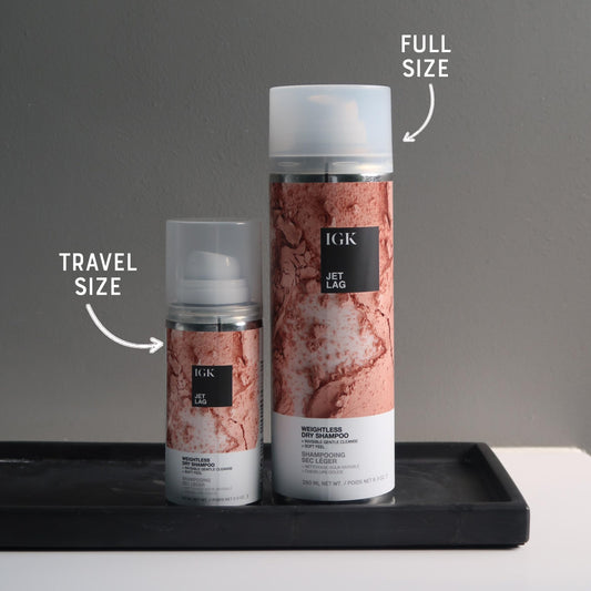 IGK Jet Lag travel-size spray dispersal for quick root refresh and oil absorption