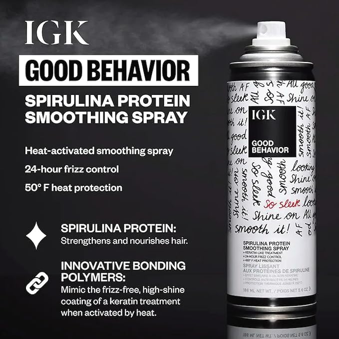 IGK Keratin-like smoothing spray close-up ready for heat styling