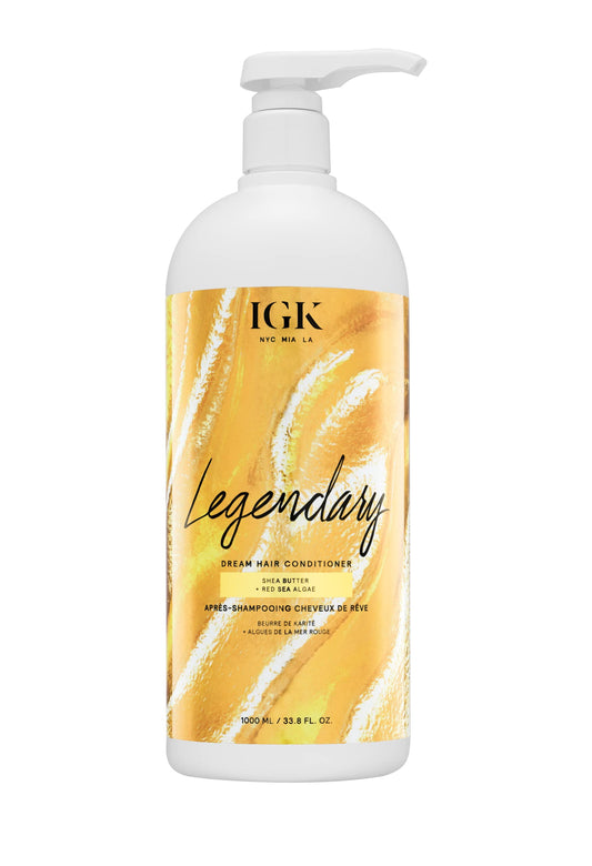 IGK Legendary Dream Hair Conditioner bottle close-up highlighting moisture-sealing formula