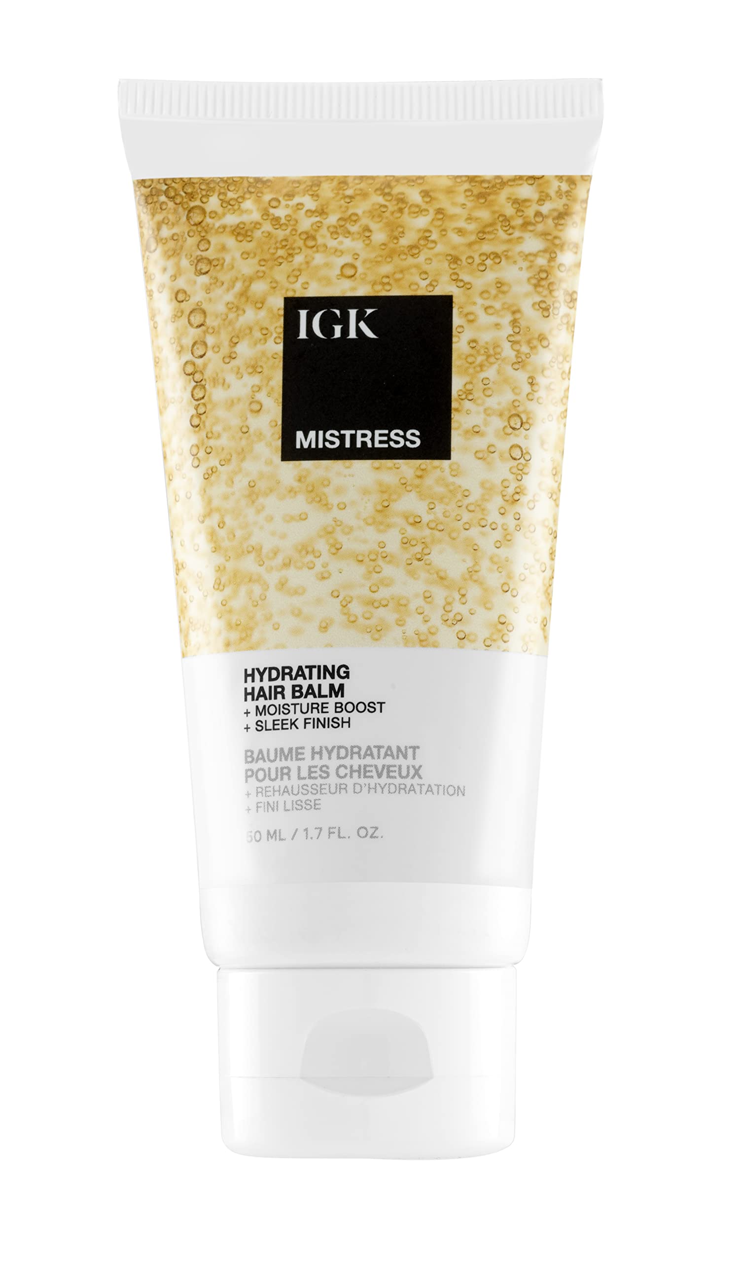 IGK Mistress hydrating hair balm travel bottle adds lightweight moisture for softness.