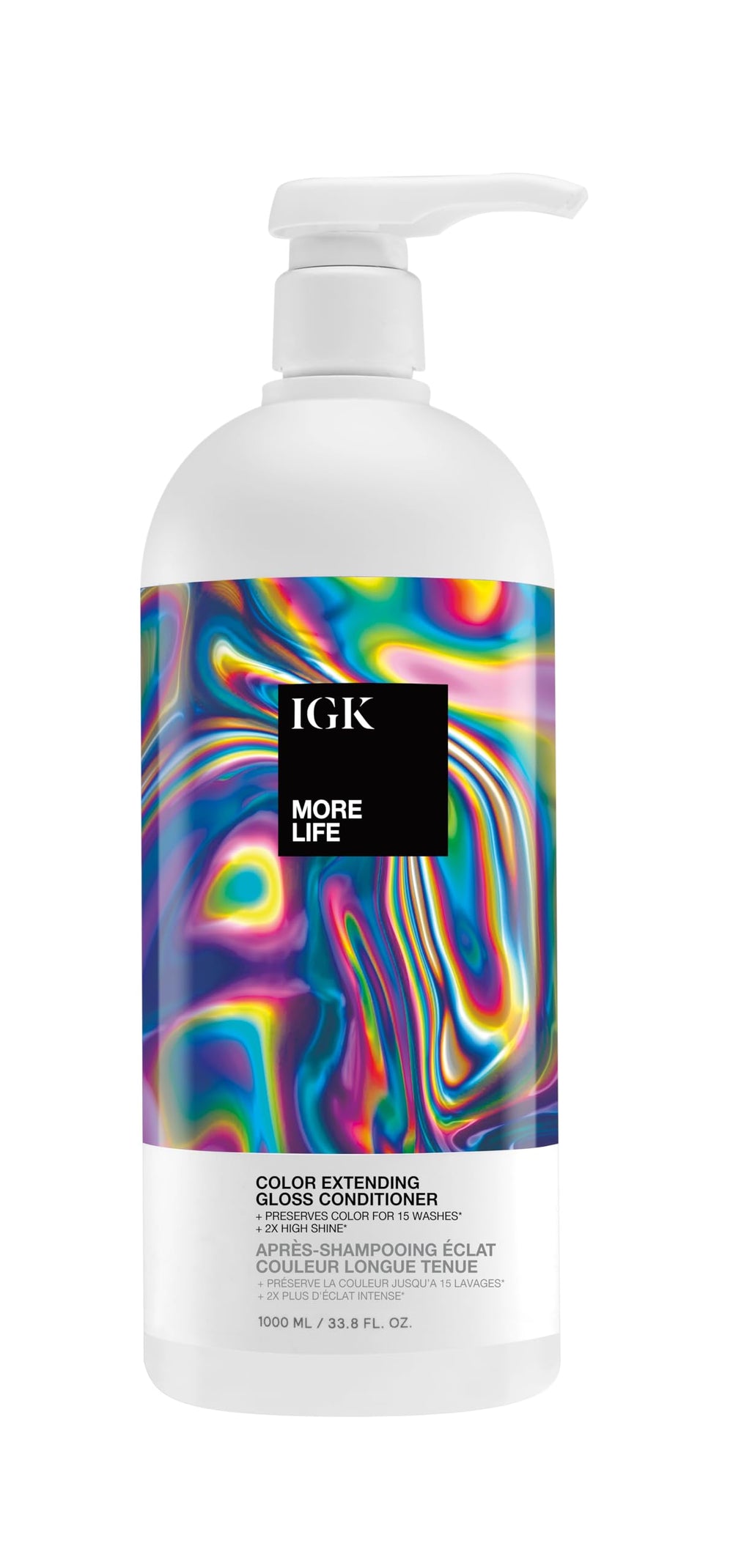 IGK More Life Color Extending Gloss Conditioner bottle delivering radiant shine and color protection