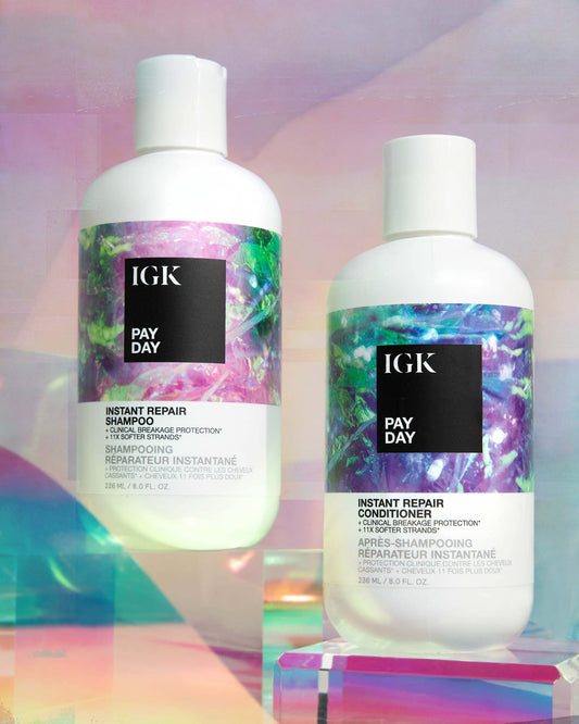 IGK Pay Day label closeup highlighting vegan silk and bond technology