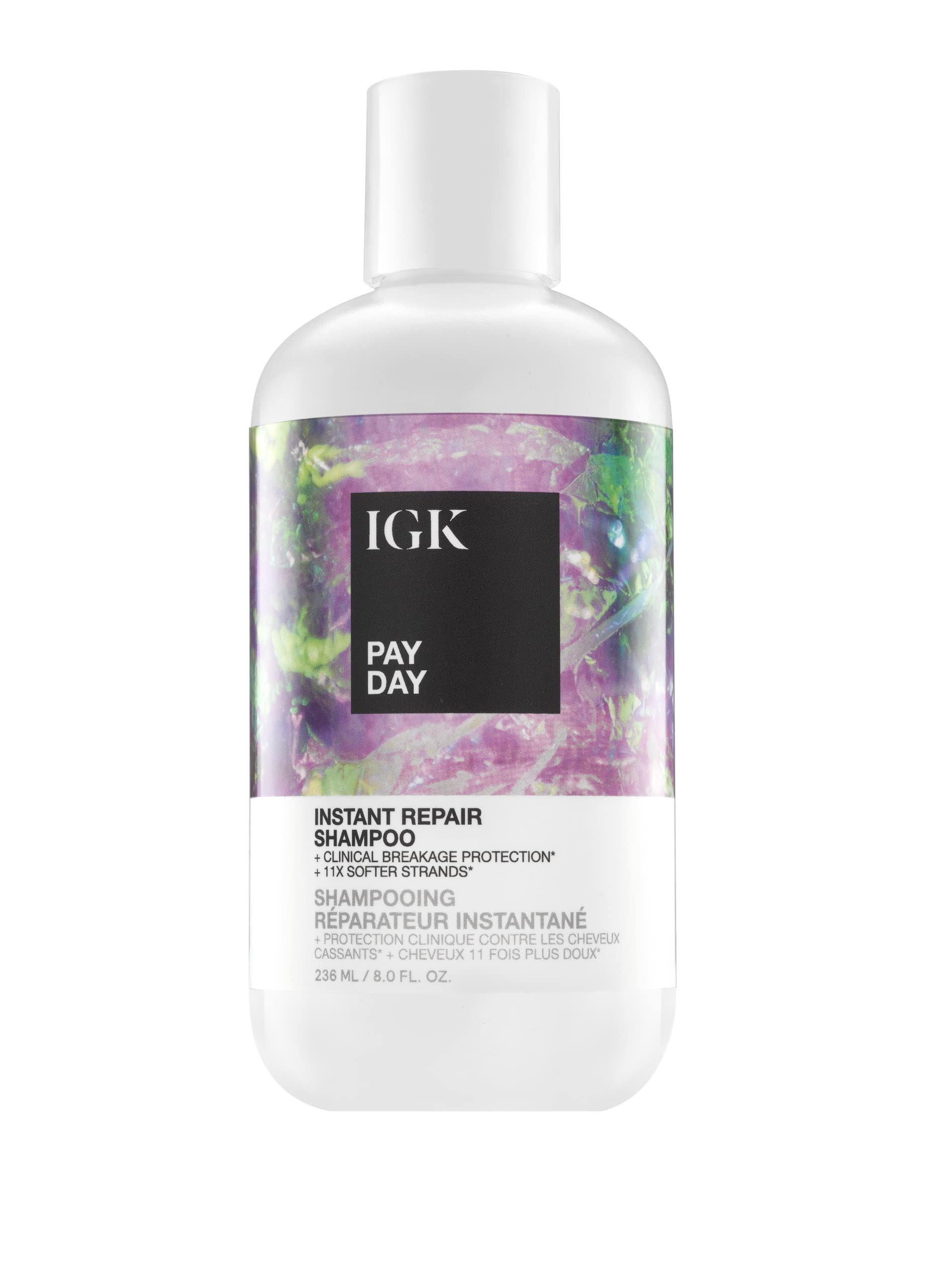 IGK Pay Day Shampoo bottle front view highlights vegan silk protection.