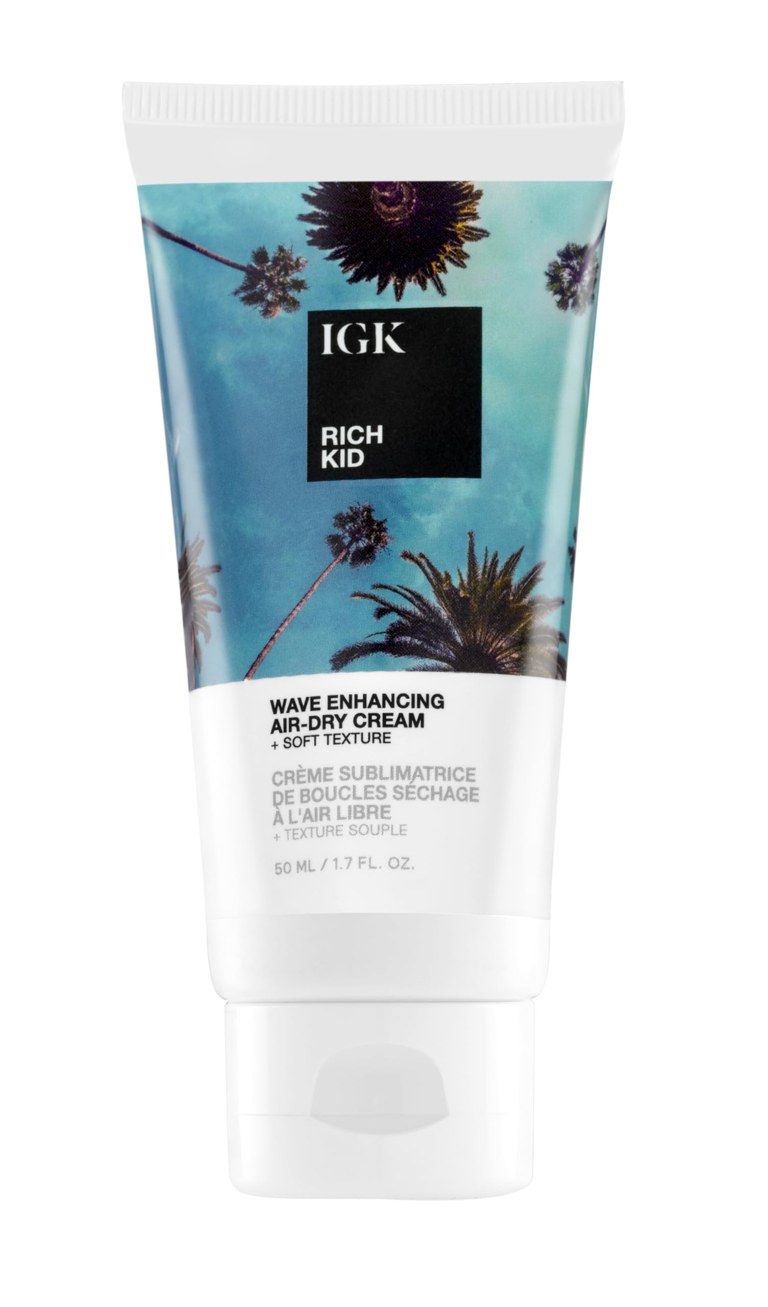 IGK Rich Kid Coconut Oil Gel Travel bottle closeup highlighting lightweight hold.