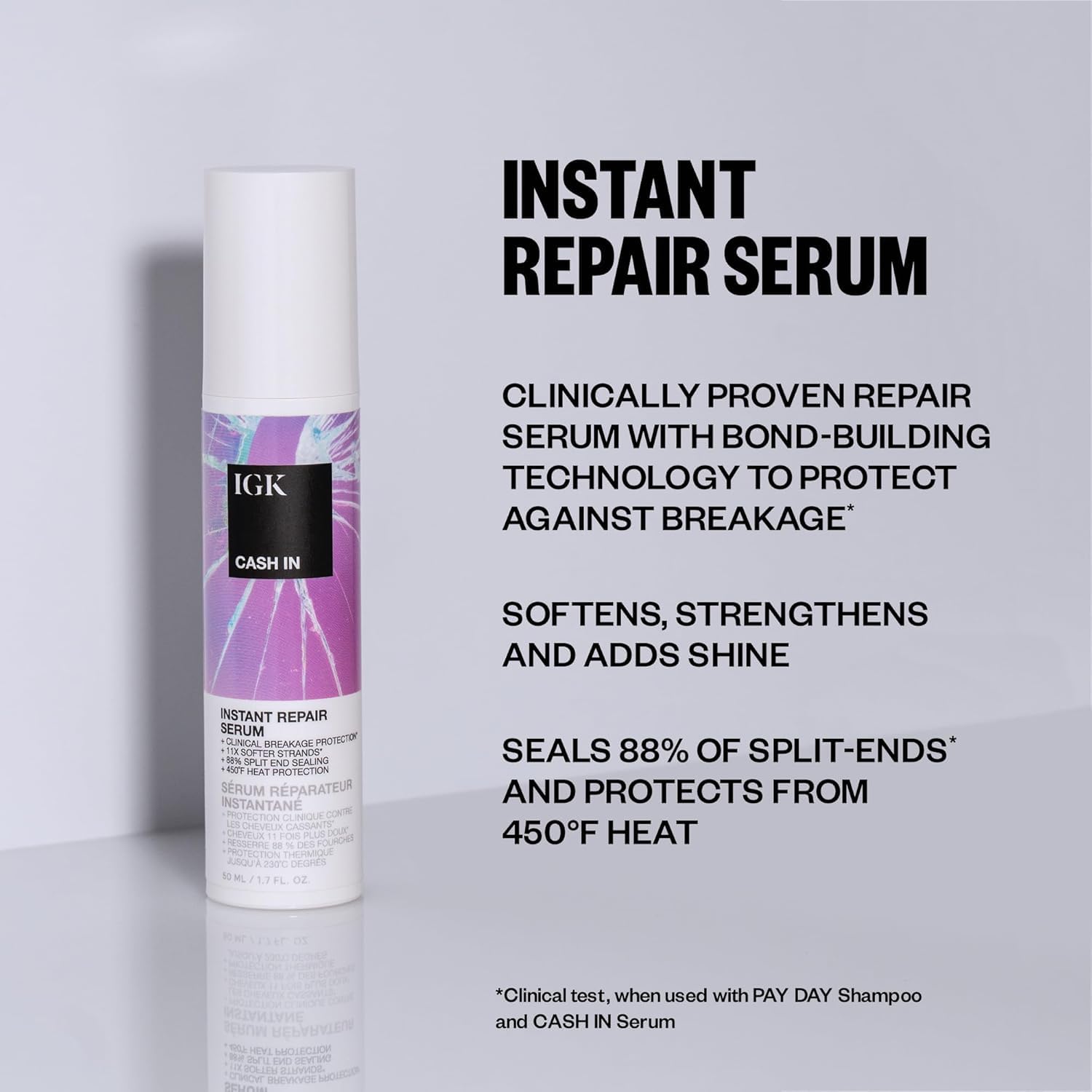 IGK bottle demonstrating shine and frizz control for a polished look.
