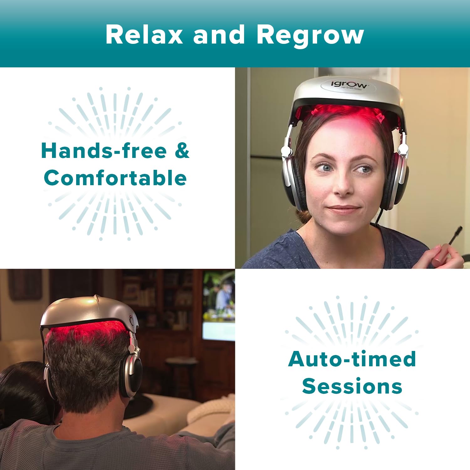 iGrow dual laser LED coverage delivers comprehensive scalp treatment