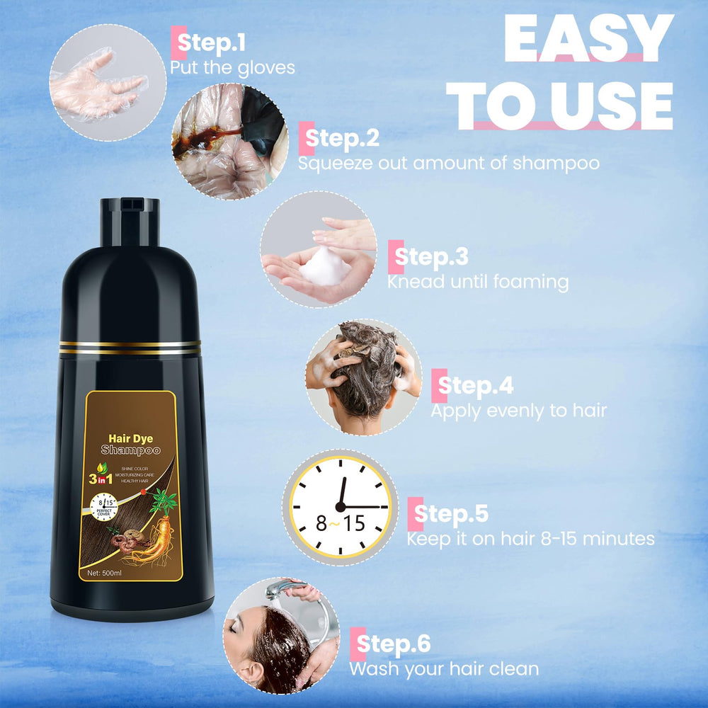 IIIMEIDU 3-in-1 dye shampoo demonstrates color, cleansing, and conditioning in one step.