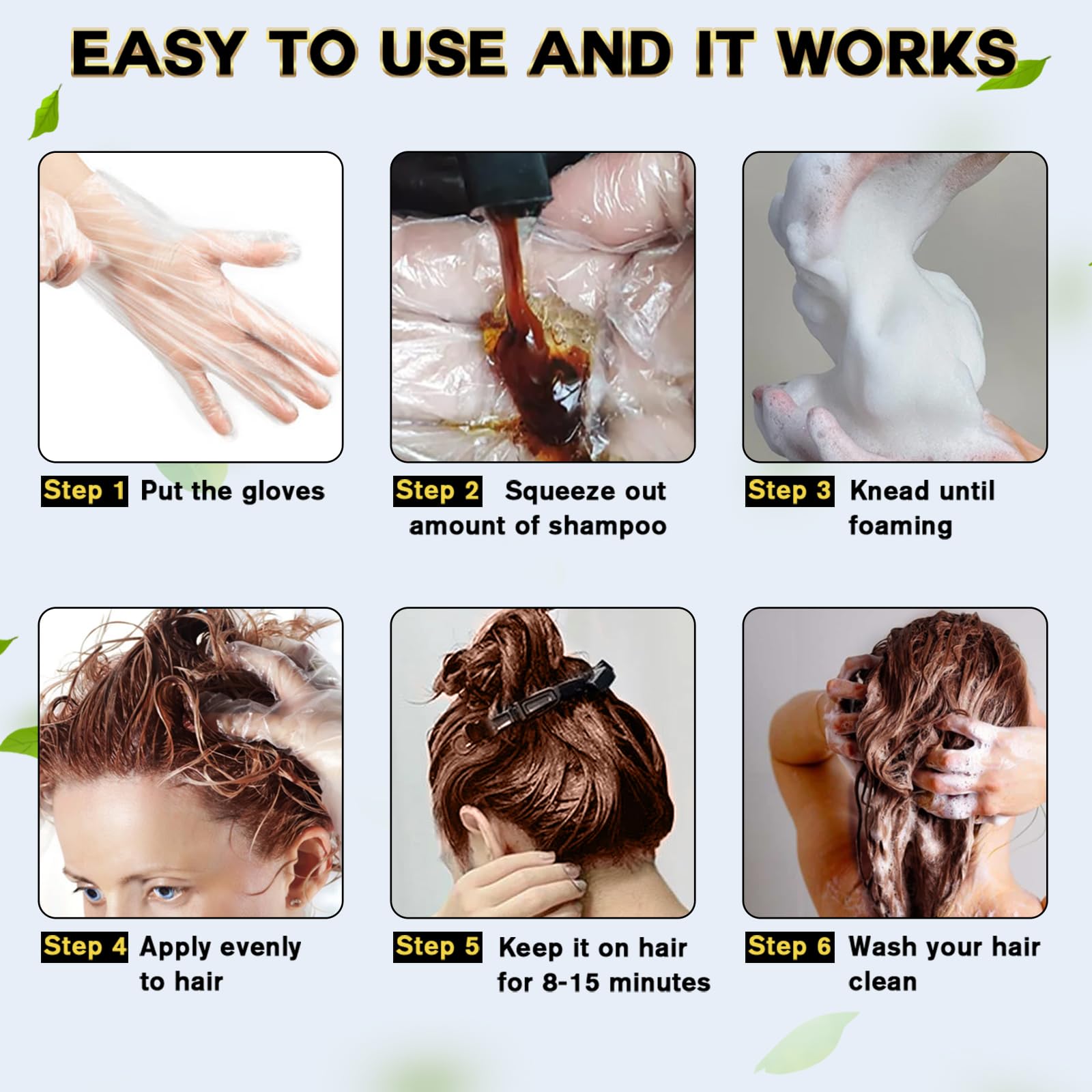 IIIMEIDU Hair Dye Shampoo applied to hair delivers even dark coffee coverage.