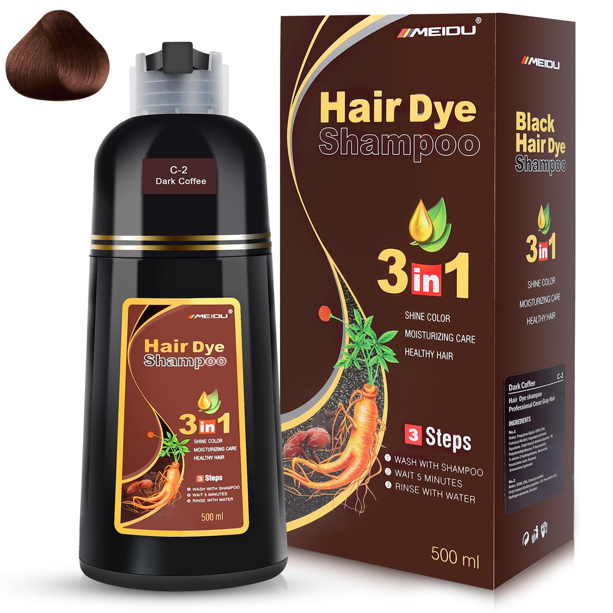 IIIMEIDU Hair Dye Shampoo bottle in dark coffee shade for quick at-home grey coverage.